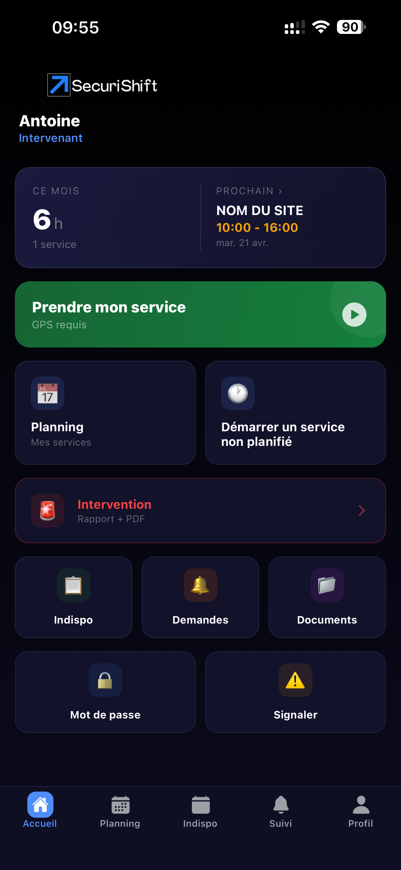 SecuriShift — tableau de bord agent